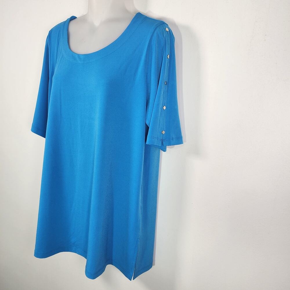 Susan Graver Womens Liquid Knit Elbow-Sleeve Tunic Top Blue L Rivet Slit A393727 - Picture 7 of 10